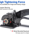 Close-up of Badass Steel Strapping Tensioner Hand Tool For Metal Banding Three Eighths To Three Quarters Inch showing copper bearing and sawtooth grip.