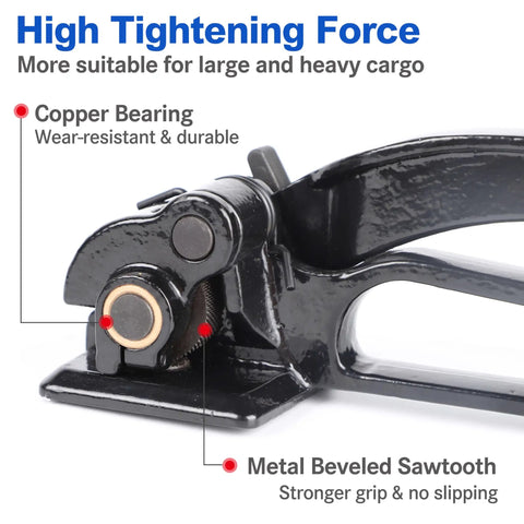 Close-up of Badass Steel Strapping Tensioner Hand Tool For Metal Banding Three Eighths To Three Quarters Inch showing copper bearing and sawtooth grip.