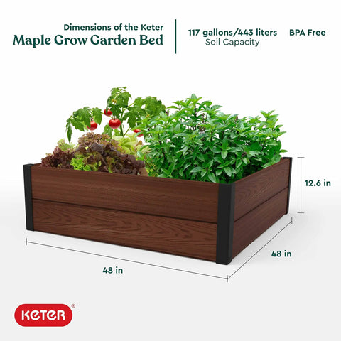 Wood Look Raised Garden Bed 48 Inch By 48 Inch Outdoor Planter For Vegetables Herbs Flowers And Succulents Durable Evotech Composite Material With Easy Five Minute Assembly No Tools Needed Brown showing dimensions and filled with plants
