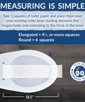 Measuring guide for elongated white toilet seat over a standard oval bowl with toilet paper squares.