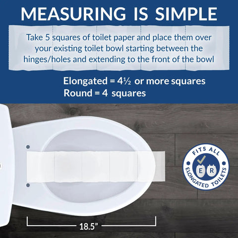 Measuring guide for elongated white toilet seat over a standard oval bowl with toilet paper squares.