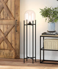 Tall Floor Lamp With Glass Shade In Blackened Bronze And Clear Finish, 55 Inch in living room beside wooden door and console table