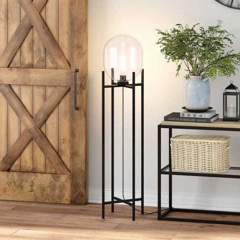Tall Floor Lamp With Glass Shade In Blackened Bronze And Clear Finish, 55 Inch in living room beside wooden door and console table