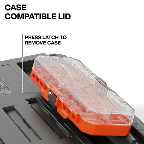 Close-up of MODbox Medium Deep Tool Box With Beefy Heavy Duty Organizer Removable Tray highlighted with a transparent lid case.