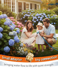 Family watering flowers with Brass Swivel Hose Adapter Three Quarter Inch GHT Female To One Inch NPT Male For Garden Hoses And Pipe Threaded Systems Lead Free Durable Brass Leak Free Connection One Piece