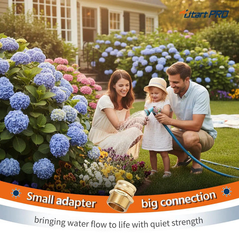 Family watering flowers with Brass Swivel Hose Adapter Three Quarter Inch GHT Female To One Inch NPT Male For Garden Hoses And Pipe Threaded Systems Lead Free Durable Brass Leak Free Connection One Piece