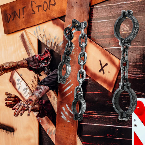 2 Pack Plastic Halloween Fake Prison Chains With Handcuffs And Footcuffs For Realistic Prisoner Look displayed against a spooky backdrop