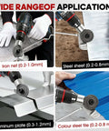 Metal Nibbler Drill Attachment Turn Your Power Drill Into A Pro Level Sheet Metal Cutter With A Double Cut Design For Fast Clean Burr Free Cuts On Steel Aluminum And Roofing Panels shown cutting various metal sheets.