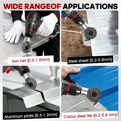Metal Nibbler Drill Attachment Turn Your Power Drill Into A Pro Level Sheet Metal Cutter With A Double Cut Design For Fast Clean Burr Free Cuts On Steel Aluminum And Roofing Panels shown cutting various metal sheets.
