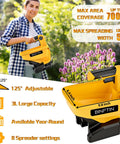 Battery Powered Seed Spreader For Dewalt 20V/60V Li Ion Batteries Handheld next to flowers showing features and dimensions