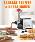 Electric Meat Grinder With Stainless Steel Sausage Stuffer Kit showing sausage being made on a kitchen counter