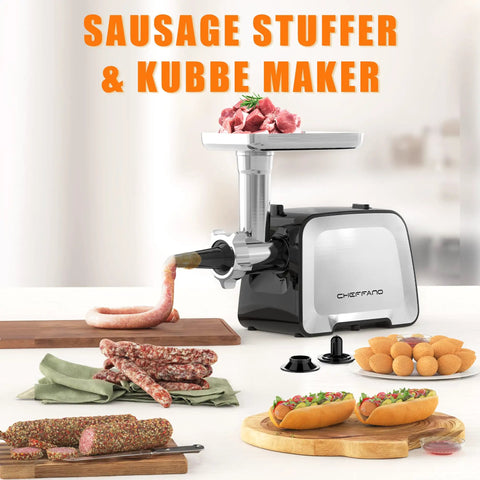 Electric Meat Grinder With Stainless Steel Sausage Stuffer Kit showing sausage being made on a kitchen counter