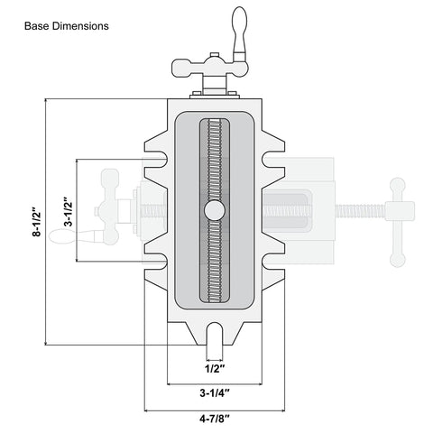 Base dimensions diagram for Cross Vise 4.25 Inch With Compound Slide For Mills And Drill Presses CV414 Heavy Duty Black Cast Iron Precision Vise With 0.1 Millimeter Increments, jaws and base measurements shown