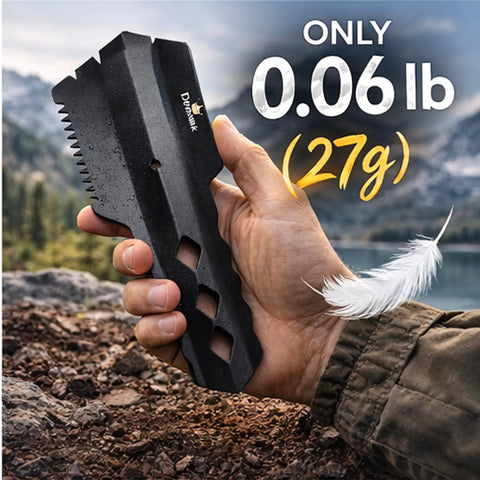 Hand holding Ultralight Backpacking Trowel Shovel for Camping and Hiking, 27g Anodized Aluminum Digging Tool against mountain backdrop