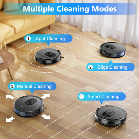 Robot Vacuum And Mop Combo With 5000Pa Suction, 150 Minute Runtime, App And Remote Control, Self Charging, Ideal For Hard Floors, Carpet, Pet Hair Cleanup, G8000 Max demonstrating multiple cleaning modes.