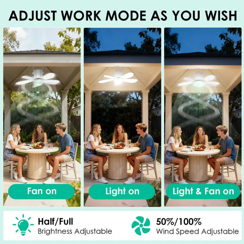 Outdoor Solar Ceiling Fan With Light 21 Inch Portable 30W Remote Controlled Wireless Battery Powered in patio setting