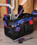 18 Inch Open Top Tool Bag With Waterproof Molded Base, 20 pockets, Oxford cloth, holding tools in workshop setting