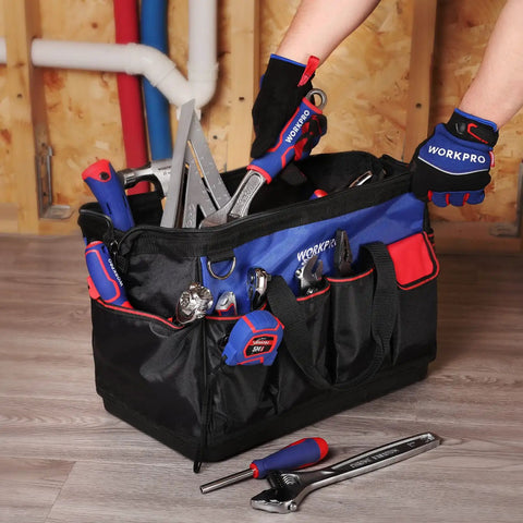18 Inch Open Top Tool Bag With Waterproof Molded Base, 20 pockets, Oxford cloth, holding tools in workshop setting