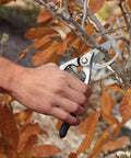Hand using Ergonomic Forged Steel Bypass Pruner With Angled Head For No Fuss Pruning Of Stems And Light Branches Up To Three Quarters Of An Inch