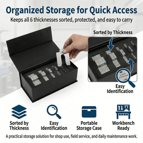 Stainless Steel Shim Kit Set For DIY Pros, 60 Slotted 2x2 Shims, 6 Thicknesses For Machine Leveling, Motor Alignment, And Equipment Adjustment, Laser Marked Sizes With Handy Storage Case