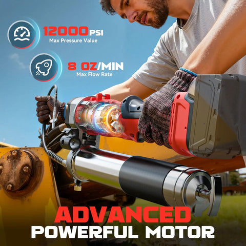 Man using Cordless Grease Gun For Milwaukee 18V Batteries, 12000 PSI High Pressure With 2 In 1 Rotating Handle, 39.4 Inch Hose