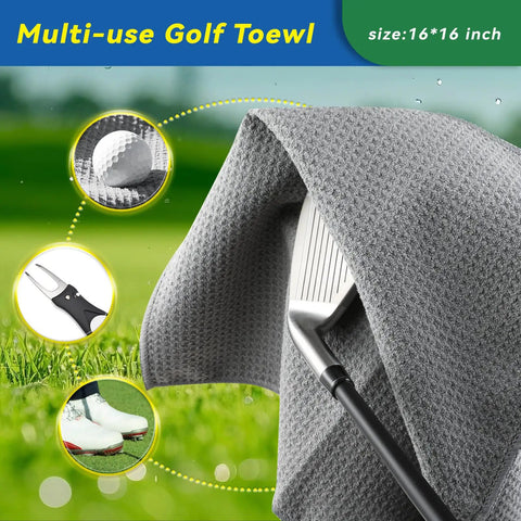All-In-One Golf Club Cleaner Kit With Water Brush, Groove Sharpener, And Microfiber Towel - close-up of towel and club.