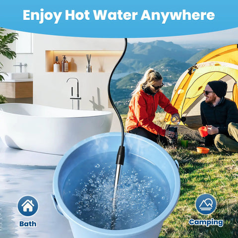 Dope Build 2000W Portable Submersible Water Heater With Rapid Heat 304 Stainless Immersion Rod in bath and camping setting.