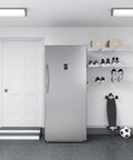 Twenty One Cubic Feet Upright Convertible Refrigerator Freezer Combo With Adjustable Drawers in a modern garage setting.