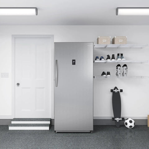 Twenty One Cubic Feet Upright Convertible Refrigerator Freezer Combo With Adjustable Drawers in a modern garage setting.