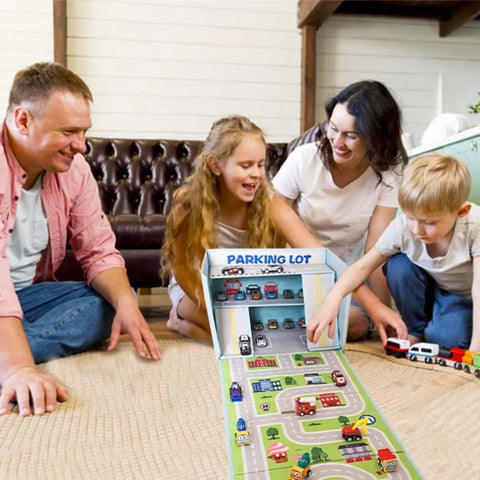 Family playing with Kid Friendly Toy Car Garage Organizer Box With Foldable Play Mat For Easy Cleanup And Playtime