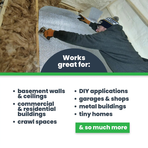 Worker installing Double Bubble Reflective Foil Insulation Roll 48 X 75 Feet 300 Square Feet in a basement wall.