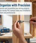 Person installing a flexible Two Hole U Clip with a screwdriver, using Thirty Pack Real Heavy Duty Three Quarter Inch PVC Conduit Clamps.