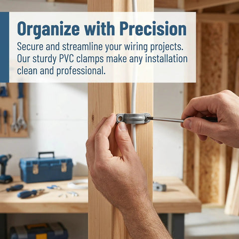Person installing a flexible Two Hole U Clip with a screwdriver, using Thirty Pack Real Heavy Duty Three Quarter Inch PVC Conduit Clamps.