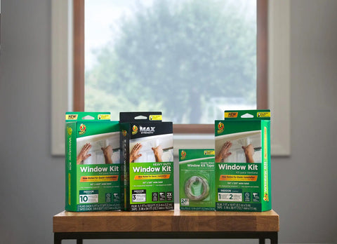 Boxes of Max Strength Window Insulation Kit For Cold Weather, No-Fuss, Heavy Duty Shrink Film Fits Up To 10 Windows displayed on table