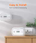 Two Pack Carbon Monoxide Alarm With Digital LCD Display CO Detector With Replaceable Battery Three LED Indicator Lights displayed on wall and table.