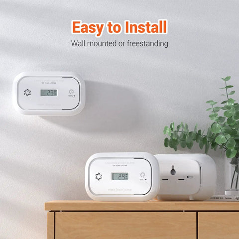Two Pack Carbon Monoxide Alarm With Digital LCD Display CO Detector With Replaceable Battery Three LED Indicator Lights displayed on wall and table.