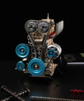 Premium Metal Inline Four Cylinder Engine Model Kit That Runs Sick And Tight Motorized Assembly with detailed components and blue accents.