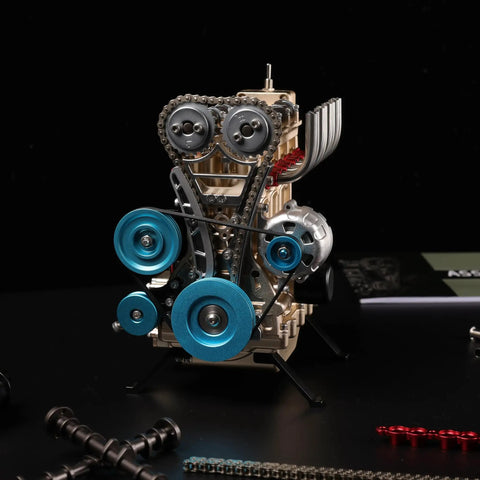 Premium Metal Inline Four Cylinder Engine Model Kit That Runs Sick And Tight Motorized Assembly with detailed components and blue accents.