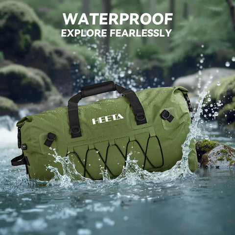Waterproof Duffel Bag For Outdoor Adventures Kayaking Extra Large 60L Rolltop Dry Bag with Straps in water, green color