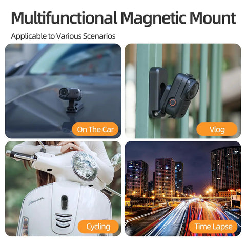 Magnetic Mount Stand For Osmo Nano Camera With 360 Degree Rotation And Vertical Horizontal Adjustable Angles Foldable Desktop Base Versatile Holder Bracket For Osmo Nano Accessories And On The Go Studio Setup shown in various usage scenarios including car, fence, scooter, and cityscape time lapse.