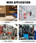 Collage image showing a garage, warehouse, tool room, and auto repair shop showcasing settings for Heavy Duty Steel Parts Washer With Rapid Fluid Recycler Badass At Sloughing Off Grit On Gears Carburetors And Motor Blocks Pro Shop Staple Quick Dry Red Edition.