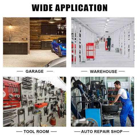 Collage image showing a garage, warehouse, tool room, and auto repair shop showcasing settings for Heavy Duty Steel Parts Washer With Rapid Fluid Recycler Badass At Sloughing Off Grit On Gears Carburetors And Motor Blocks Pro Shop Staple Quick Dry Red Edition.
