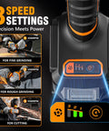Close-up of 20V Brushless Cordless Flat Head Grinder Kit showing 3-speed control display for cutting, grinding, polishing.