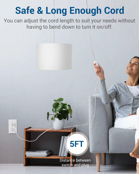 Plug In Pendant Light With 15 Ft Cord, On Off Switch, White Fabric Linen Shade, shown with cord stretched above sofa