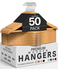 Premium Wooden Coat Hangers 50 Pack For Closet Organization in box, slim profile, contoured shoulders, rotatable hook