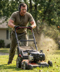 Man using lawnmower wearing High Quality Hearing Protection Ear Muffs SNR 29 dB Noise Canceling for Adults Teens Adjustable Headband