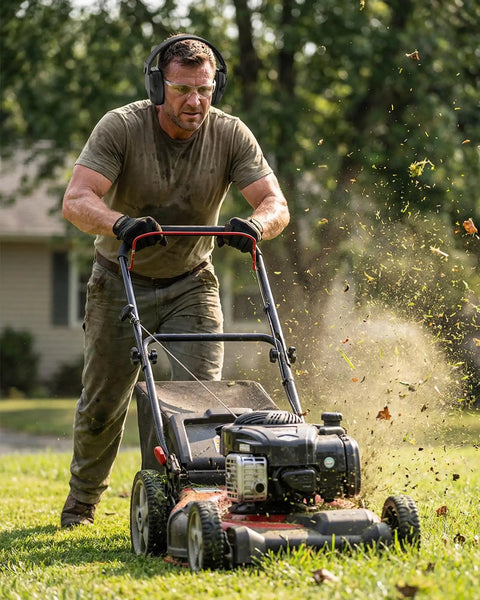Man using lawnmower wearing High Quality Hearing Protection Ear Muffs SNR 29 dB Noise Canceling for Adults Teens Adjustable Headband