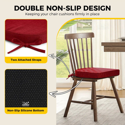 Red U Shaped Dining Chair Cushions 4 Pack With Ties And Non Slip Backing on wooden chair, non-slip silicone bottom.