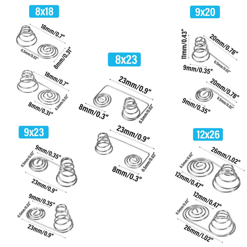 Dope 50 Pack Battery Spring Replacement Set For AA And AAA Coils, various sizes and nickel-plated material displayed with measurements