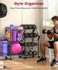 All In One Home Gym Organizer Rack With Wheels And Hooks For Dumbbells, Kettlebells, Yoga Mats, and Foam Rollers in use